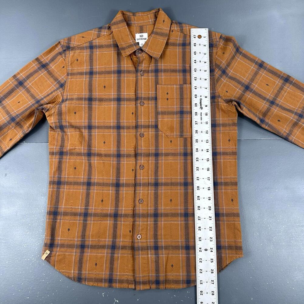 Tentree Shirt Men Small Burnt Orange Blue Check Plaid Button Ikat Hickory Stripe - Picture 5 of 7